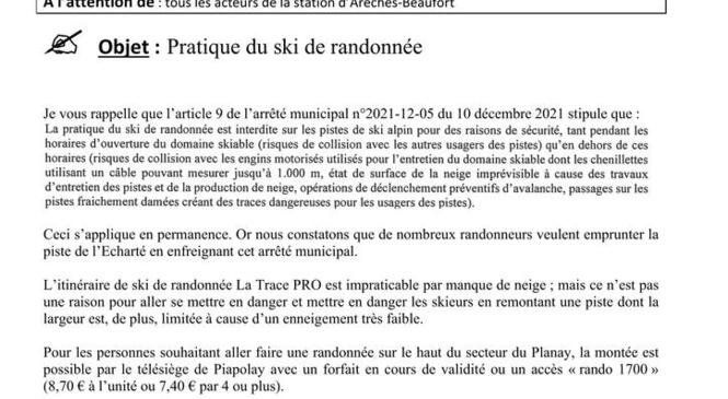 ARRÊCHES - Pratique du ski de randonnée INTERDIT sur piste image article